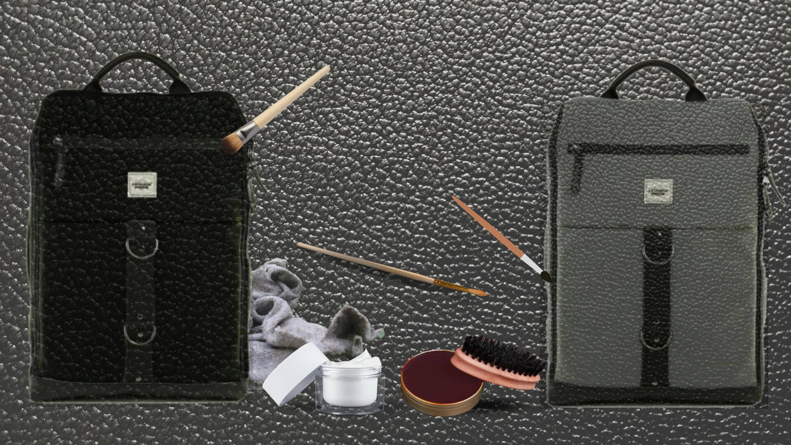 Two Anvanda bags on a leather-looking background and products for restoring bags