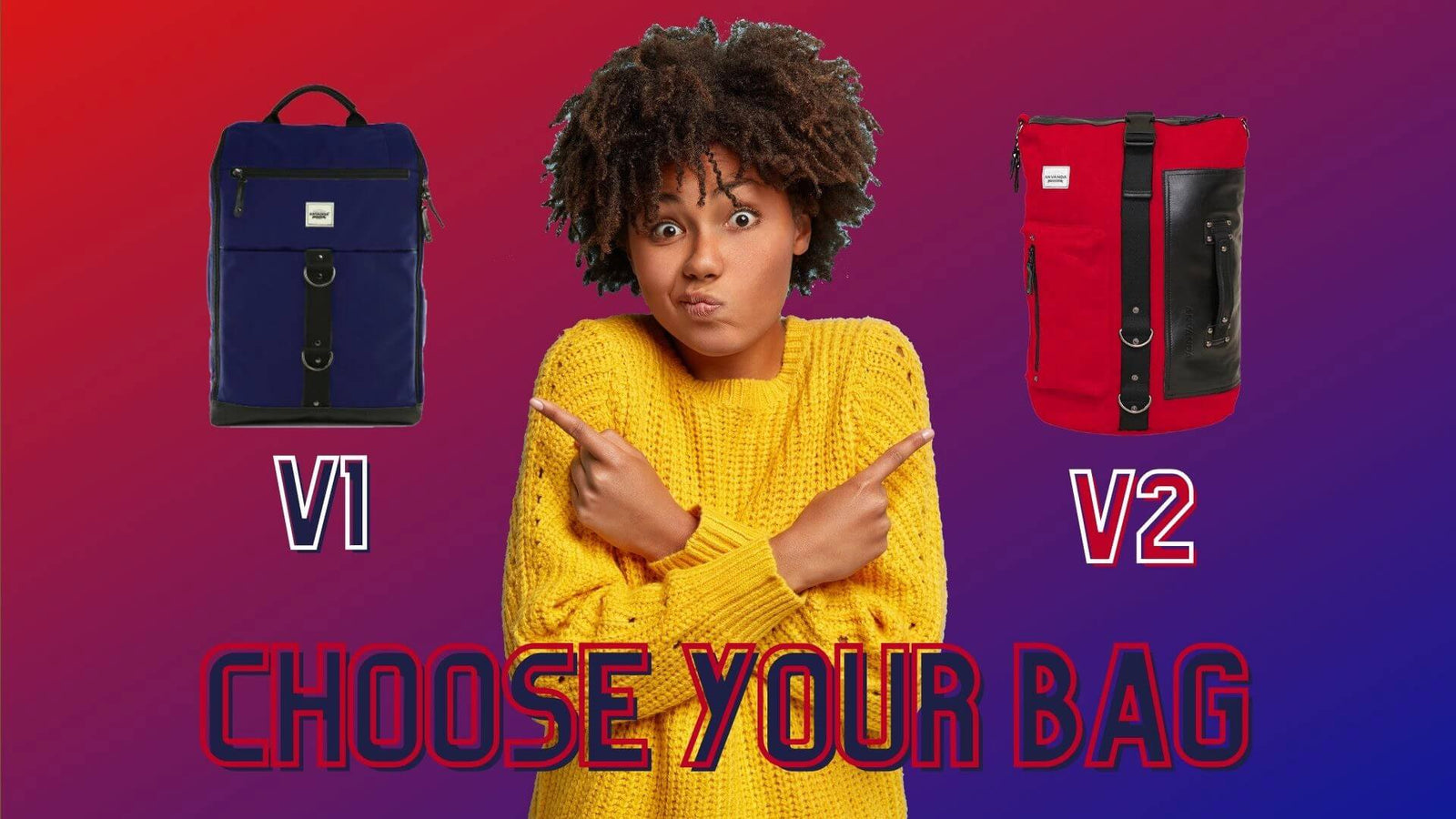 Confused girl pointing out to Anvanda V1 and V2 bags