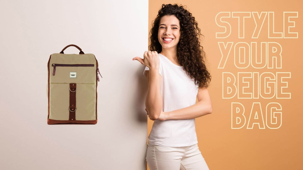  A woman next to a beige backpack