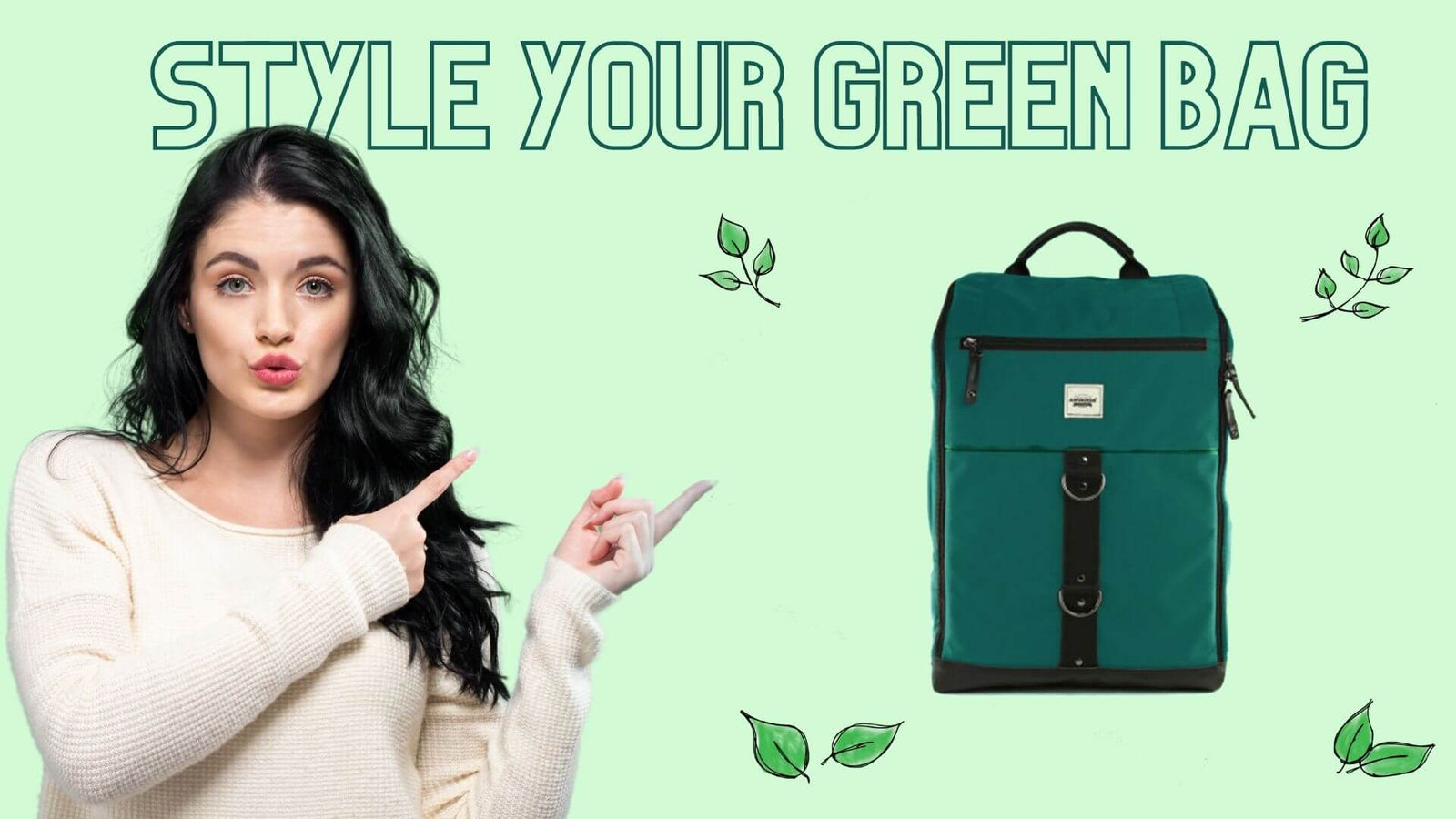 Girl pointing at a green Anvanda bag